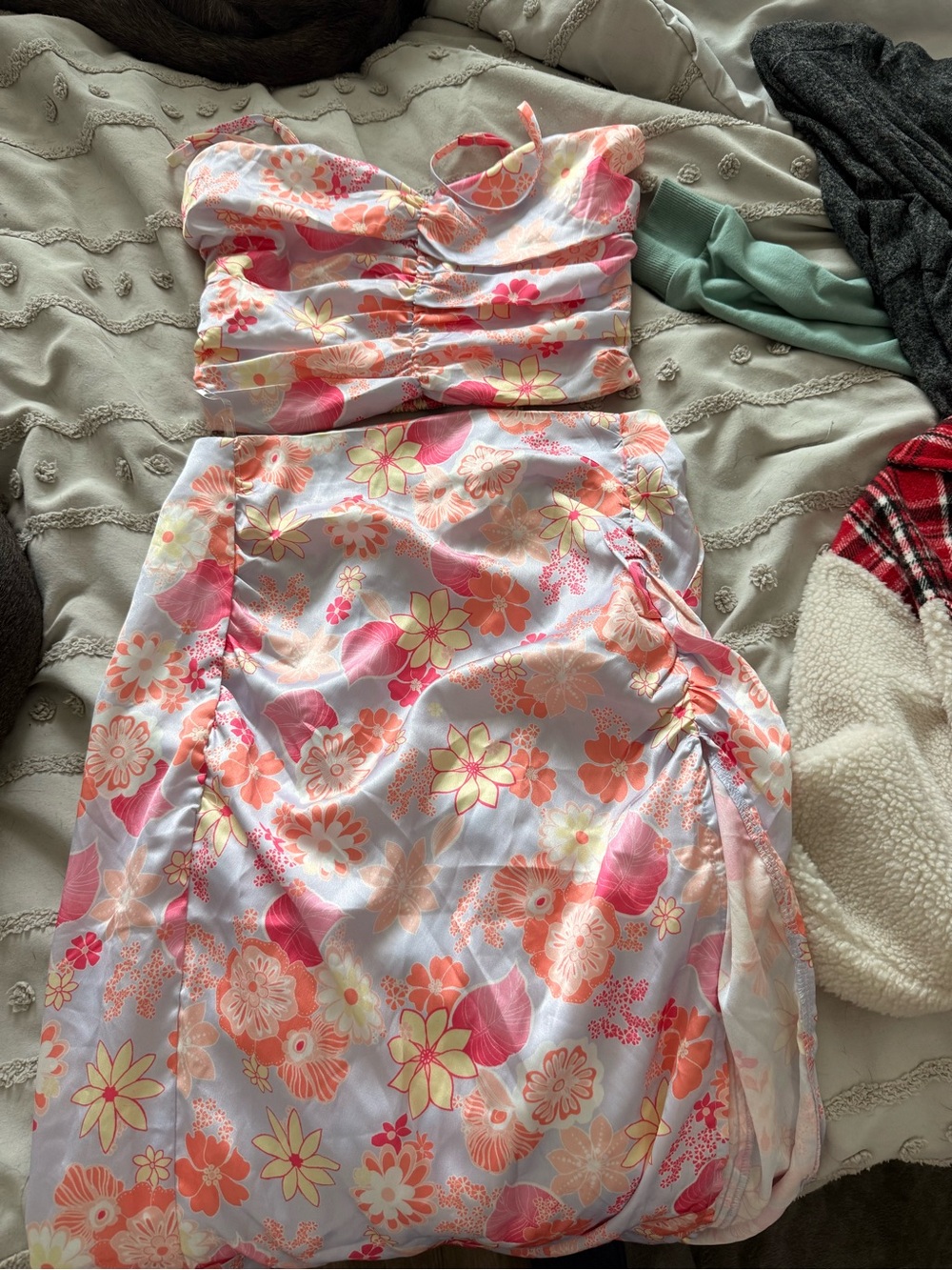 Floral Two-Piece Crop Top & Skirt Set - Pastel Pink & Peach
